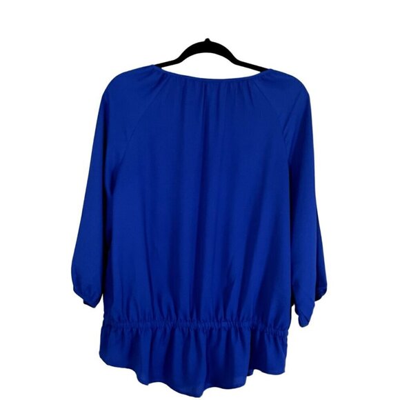 Chicos Top Women M Blue Pullover Mature Studs Peplum Neutral Coastal Classic - Picture 7 of 10